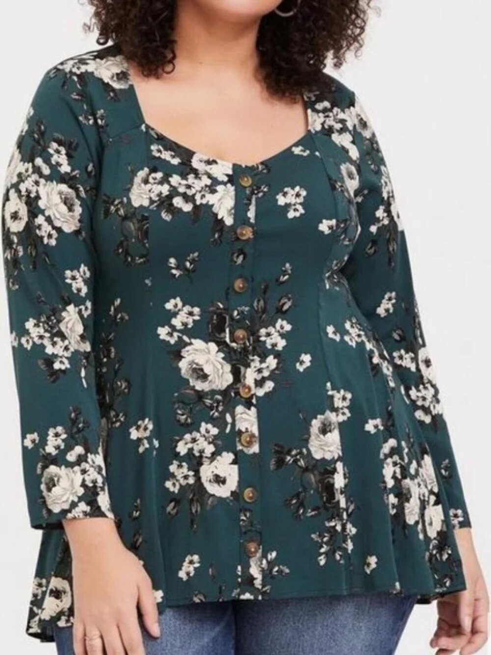 NWT Torrid Floral Babydoll Top 2X Teal Green Button Front Plus Size
